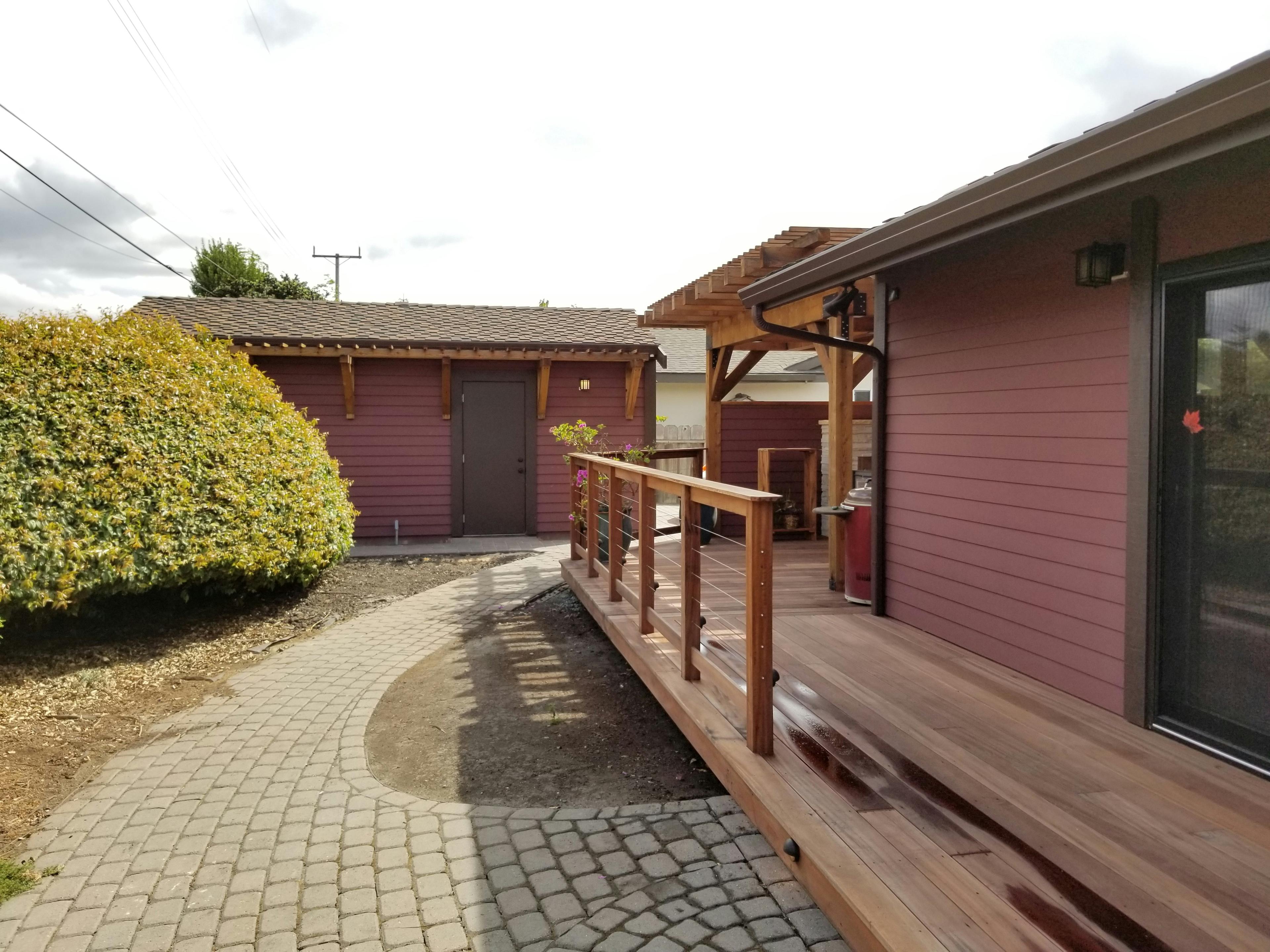 Exterior finish carpentry, deck, and pergola structure